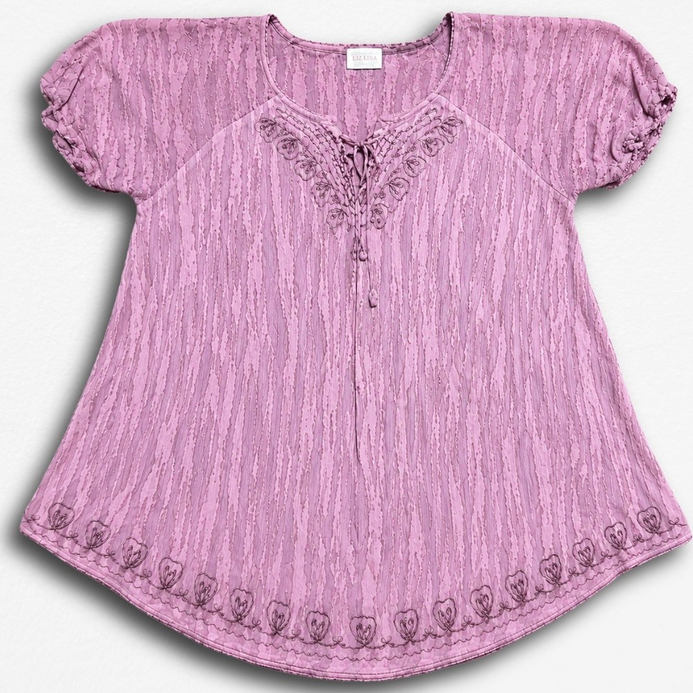 Advance Apparels Pink Boho Embroidered Cotton Tunic Top Free Size Short Sleeve